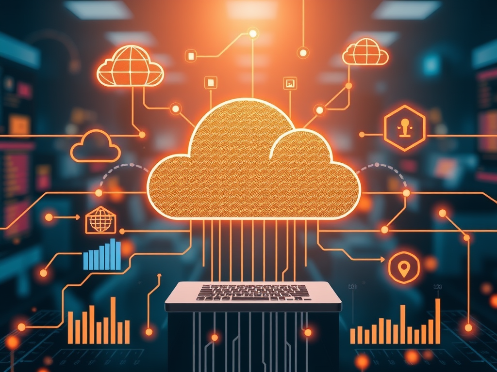 A digital cloud computing illustration with a laptop and various data icons, representing data processing and analytics.