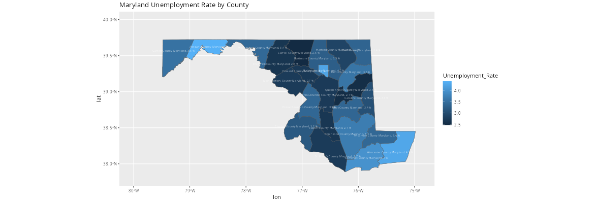 Map showing unemployment rates by county in Maryland, using a color scale to indicate rates ranging from 2.5% to 4.3%.
