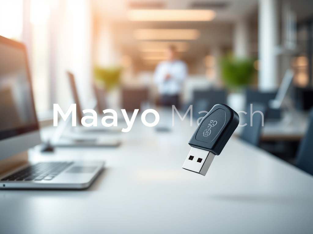 A USB drive floating above a desk with laptops and an office background, featuring the text 'Maayo Match'.