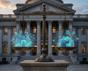 Scales of justice with holographic data icons balanced in front of courthouse building