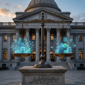 Scales of justice with holographic data icons balanced in front of courthouse building